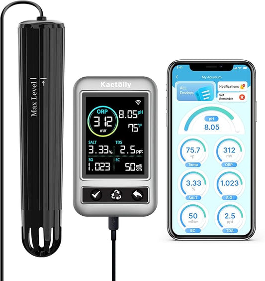 kactoily WiFi Aquarium Water Quality Monitor – 7 Parameter Digital Aquarium Water Tester for pH ORP EC TDS Salinity SG Temp, Freshwater & Saltwater Tanks