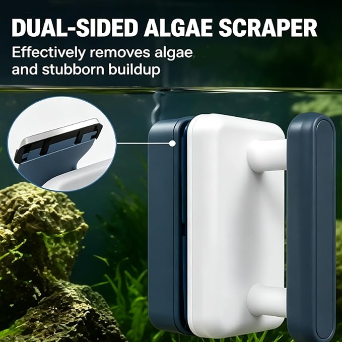 Magnetic Aquarium Glass Cleaner Tool, Dual Sided Fish Tank Cleaner with Algae Scraper, Strong Magnetic Glass Scrubber for Aquarium Maintenance, Easy No Wet Hands Cleaning for Home Fish Tanks ，L