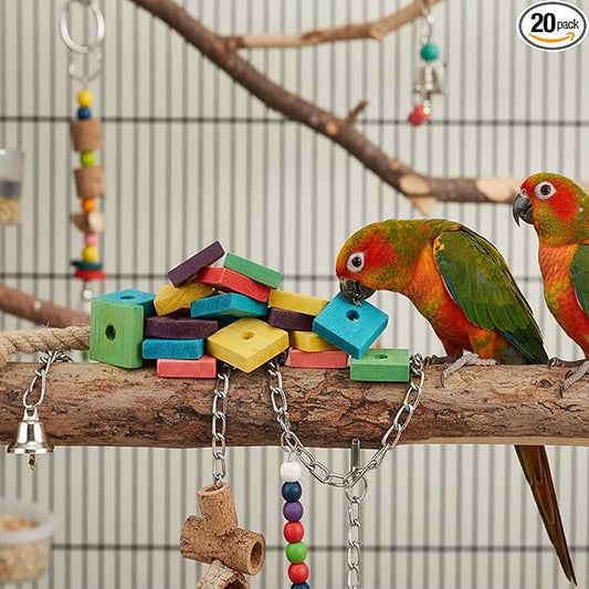 20PCS Colorful Wooden Chew Toys for Small Birds,Mini Wooden Blocks for Parrots, DIY Playtime Chewing Charms,Safe Bite Toys for Large Birds & Parakeets