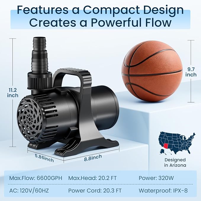 320W 6600 GPH Pond Pump, High Flow Heavy Duty Submersible Water Pump for Large Ponds, Pools & High Waterfalls, Continuous Duty, Submersible & Inline Use, 20.3 ft Cord, Includes Filter Bag