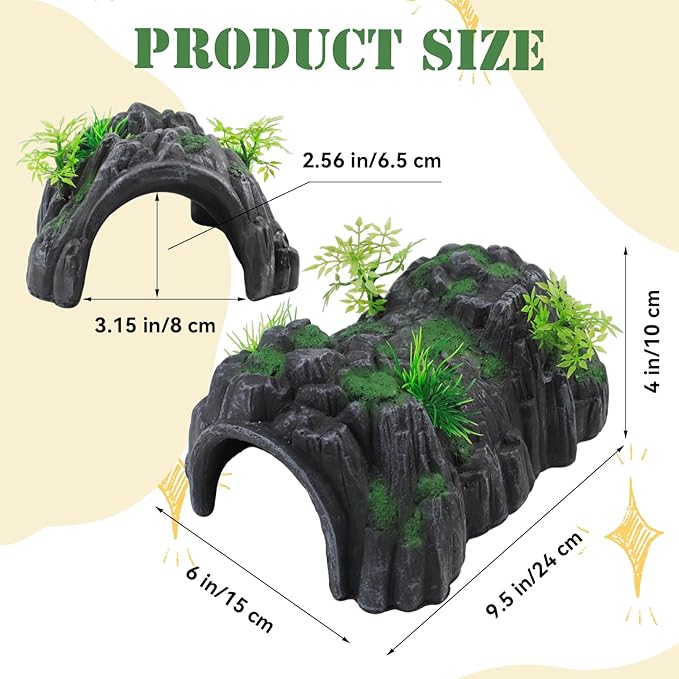 Fish Tank Hideout Cave Decor,Resin Rock Mountain Tunnel with Moss Plants Betta Cichlid Habitat Shelter for Aquarium Fish Tank Accessories 9.5 x 6 x 4 Inch