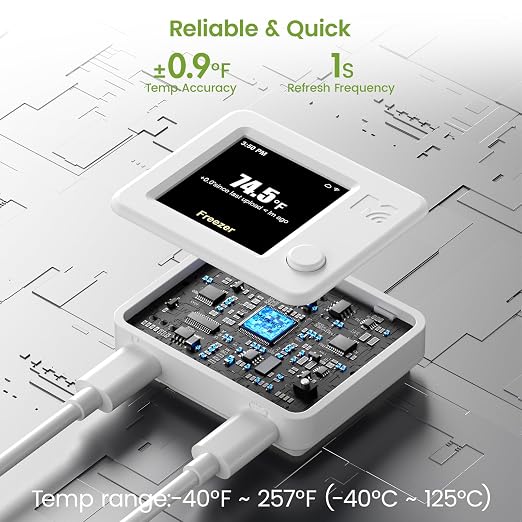 2 Pack WiFi Freezer Alarm Refrigerator Thermometer, App Alerts | Two-sensor freezer/fridge alarm for two rooms or two homes, alerts on power outage or WiFi loss, +/-0.9F at -40F, no hub
