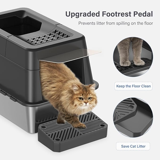 Aphyxen Stainless Steel Litter Box with Lid, XL Extra Large Enclosed Cat Litter Box Fits All Cats Modular Design with Flip Cover, Top Entry Metal High Sided Cat Box & Pedal & Scoop (Black)