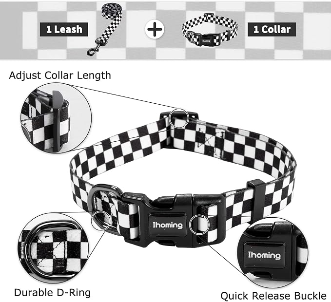 Ihoming Dog Collar and Leash Set for Daily Outdoor Walking Running Training, Chess Board Design for Medium Boys Girls Dogs Cats Pets, M-Up to 45LBS