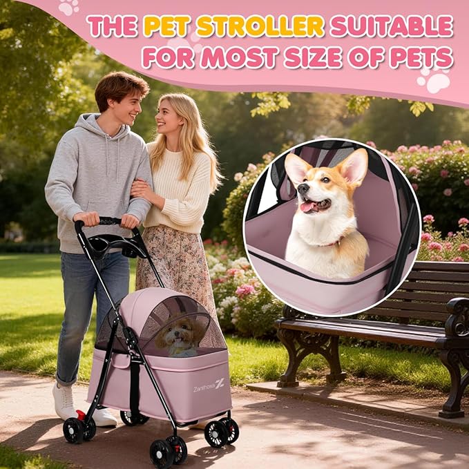 Dog Stroller, 4 Wheels Pet Stroller for Small Dogs & Cats, One-Click Foldable Cat Strollers Up to 33 Ibs with Sun Shades, Cup Holder and Breathable Mesh, Easy Assembly