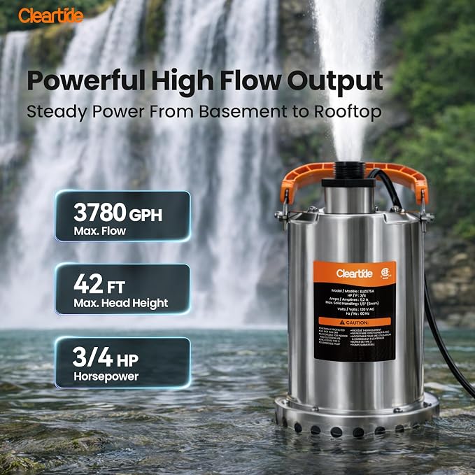 Stainless Steel Submersible Utility Water Pump, 3/4 HP 3780 GPH, Thermoplastic Portable Plug & Work, Ideal for Pool, Flooded Basement, Hot Tub, Pond & Garden Draining, 10 FT Cord