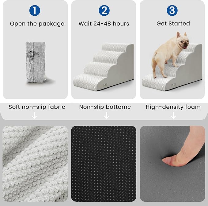 Airpanda Dog Steps for Bed, 4 Step Pet Stairs for Small and Medium Dogs, Non-Slip Dog Ramp with Washable Cover, High-Density Support Foam for Easy Climbing,Light Grey