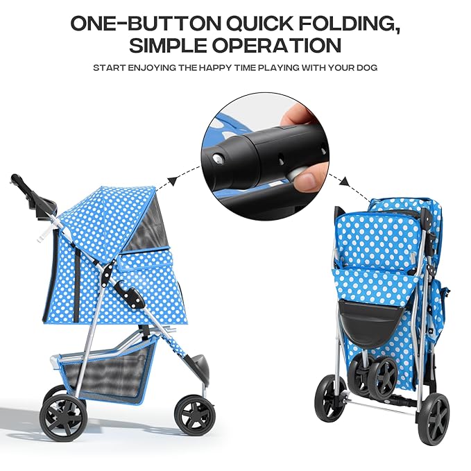 Pet Stroller for Small Dogs 10 lbs, Dog Stroller for Medium Dogs 30 lbs, Cat Strollers for 2 Cats, 3 Wheels Foldable Jogger Puppy Stroller with Storage Basket and Cup Holder, Blue Polka Dots