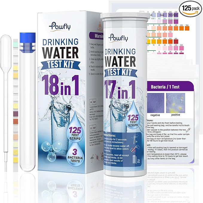 Pawfly 18 in 1 Drinking Water Test Kit, 125 Strips for Tap Water Well Swimming Pool Aquarium Spa, Home Water Quality Test Strips for pH Hardness Chlorine Lead Iron Copper Nitrate Fluoride & More