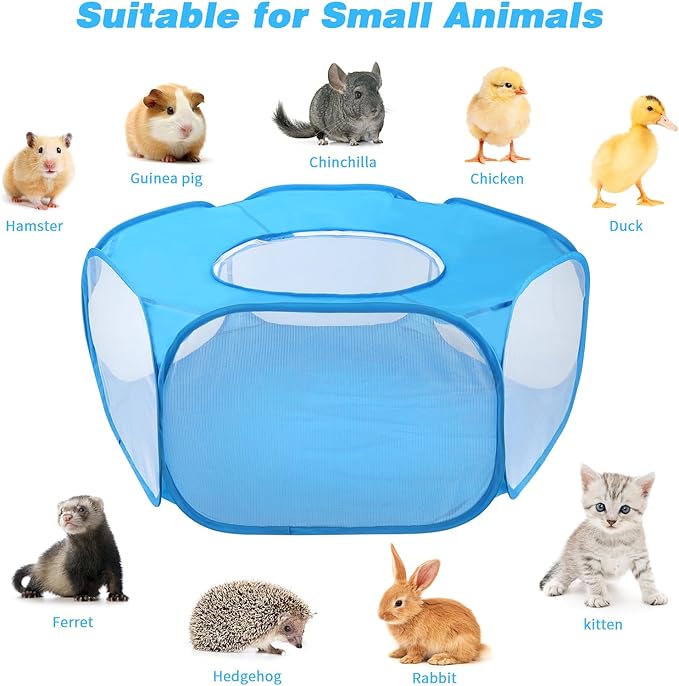 Rypet Collapsible Small Animal Cage Tent, Breathable Fabric Guinea Pig Playpen with Cover, Transparent Hamster Playpen Portable Pet Yard Exercise Fence for Reptile Rabbit Chinchilla Hedgehog(Blue)