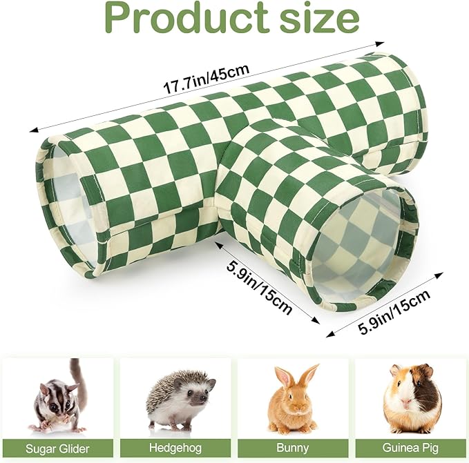 Bienbee Guinea Pig Tunnel, 3 Way Washable Guinea Pig Hideout,Foldable Rabbit Tunnel Guinea Pigs Toys for Bunny Hamster Chinchilla Ferret Rabbit Guinea Pigs Accessories Green Checkerboard