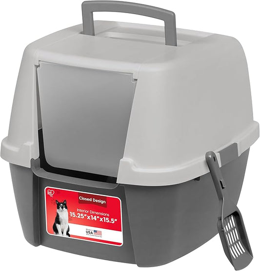 IRIS USA Cat Litter Box Large with Front Door Flap, Covered Enclosed Litter Box Enclosure with Scoop, Handle & Buckles for Portability & Privacy, Hidden Litter Pan, Gray