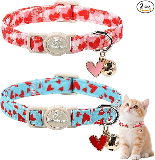 2 Pack Valentines Cat Collars - Valentine Breakaway Cat Collar with Bell, Pink and Red Heart Pendant, Adjustable Kitten Collars for Girl Boy Cats, Cute Red Hearts