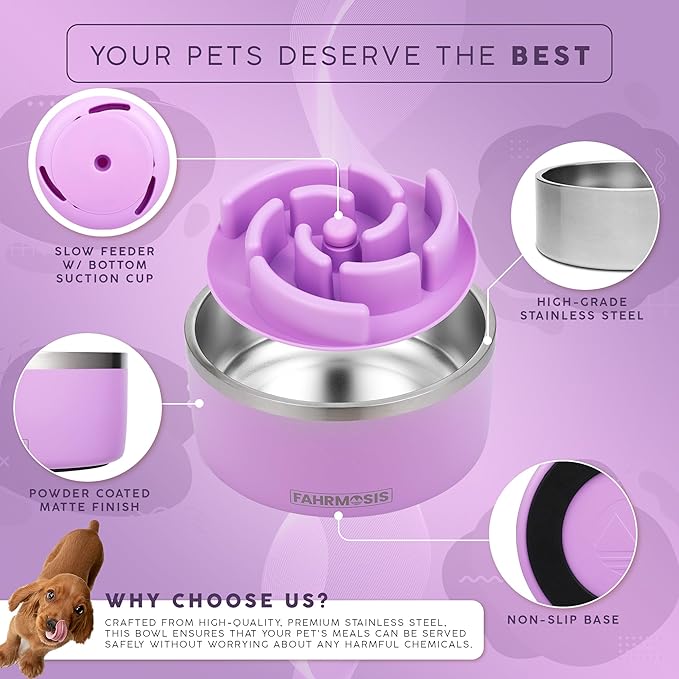 FAHRMOSIS 64 OZ Dog Bowl with Slow Feeder Insert Stainless Steel Pet Water Bowl for Medium & Large Breed Non Slip Rubber Base & Plastic Puzzle Feeder - Lavender