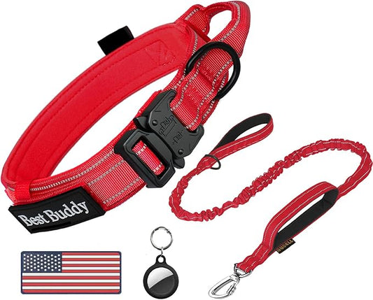 AUBELL Tactical Dog Collar and Leash Set, Reflective Adjustable Heavy Duty Military K9 Collars with Handle and Metal Buckle for Large Dogs, with Airtag Case and 2 Patches(Red,L)