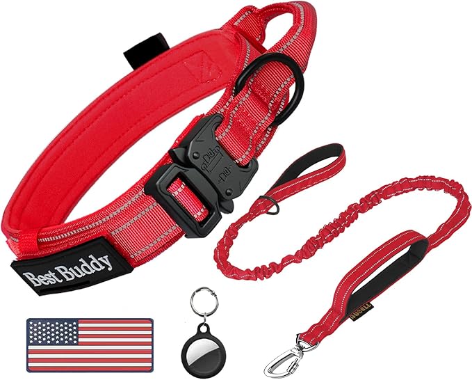 AUBELL Tactical Dog Collar and Leash Set, Reflective Adjustable Heavy Duty Military K9 Collars with Handle and Metal Buckle for Extra Large Dogs, with Airtag Case and 2 Patches(Red,XL)