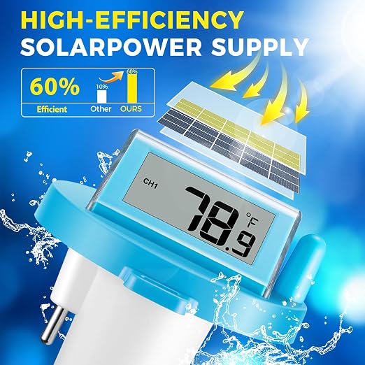 Solar Wireless Floating Pool Thermometer - Upgraded IPX8 Waterproof Easy Read Digital Thermometer with Time, Indoor Temperature & Humidity Monitor for Swimming Pools, Spas, Hot Tubs (Blue 2-piece set)