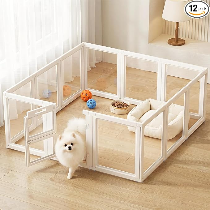 Acrylic Dog Playpen,Clear Plastic Dog Play Pen Indoors,Easy Assemble Dog Playpen-Puppy Playpen,Rabbit and Cat, Small Pet Pen, Dog Pen Indoor (White, 30.3" H, 12PCS)