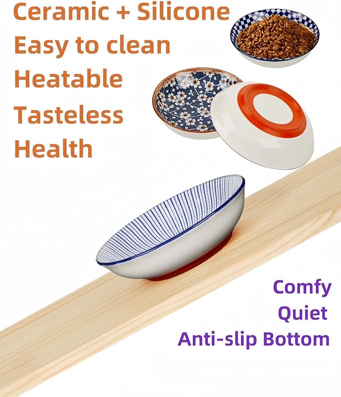 3 Pack Non-Slip Cat Bowl, No Spill Ceramic Cat Food Bowls, 5.5" Whisker Friendly Cats Dish Set for Indoor Cats, Shallow Wide Kitten Dishes for Food, Boho Kitten Bowls with Silicone Bottom