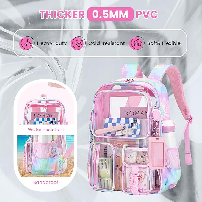 MUSEVOS Clear Backpack for School, Heavy Duty Clear Bookbag for Girls Boys Transparent Backpack with Badge Holder, Pink Tie-dye