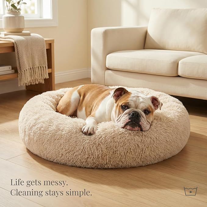 Calming Dog Bed for Medium Dogs Washable Donut 30 inches Anti-Slip Pet Bed,Round Fluffy Plush Faux Fur Cat Bed,Fits up to 45 lbs Pets,Beige