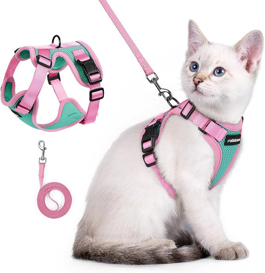 rabbitgoo Cat Harness and Leash Set, Escape Proof Soft Adjustable Vest Harnesses for Outdoor Walking, Easy Control Breathable Kitten Jacket with Reflective Strips, Green & Pink, XXS