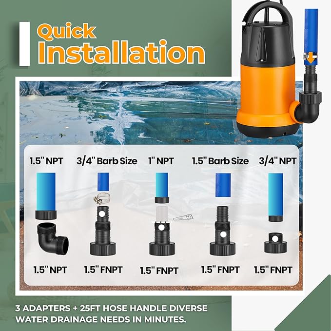 Submersible Sump Pump, Water Pump With 25Ft. Water Hose, Portable Utility Pump, Water Transfer Pump with 25-Foot Cord, 4000 GPH, Ideal for Swimming Pool, Garden Pond, Basement