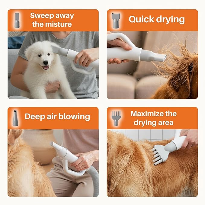 NEWBULIG Dog Hair Dryer, 1550W High Velocity Pet Blow Dryer with Heater for Grooming, Speed Temperature Adjustable Dog Blower Grooming Dryer with 4 Nozzles, White