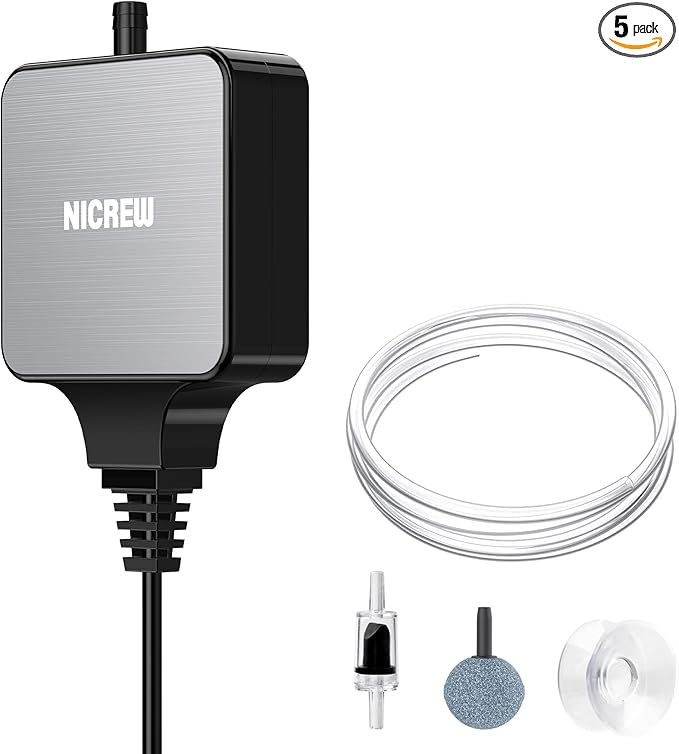 NICREW Nano Silent Aquarium Air Pump Black, Aquarium Aerator with Accessories for Up to 10 Gallon Fish Tank, Super Quiet, 0.3 L/min, 1.5 Watts