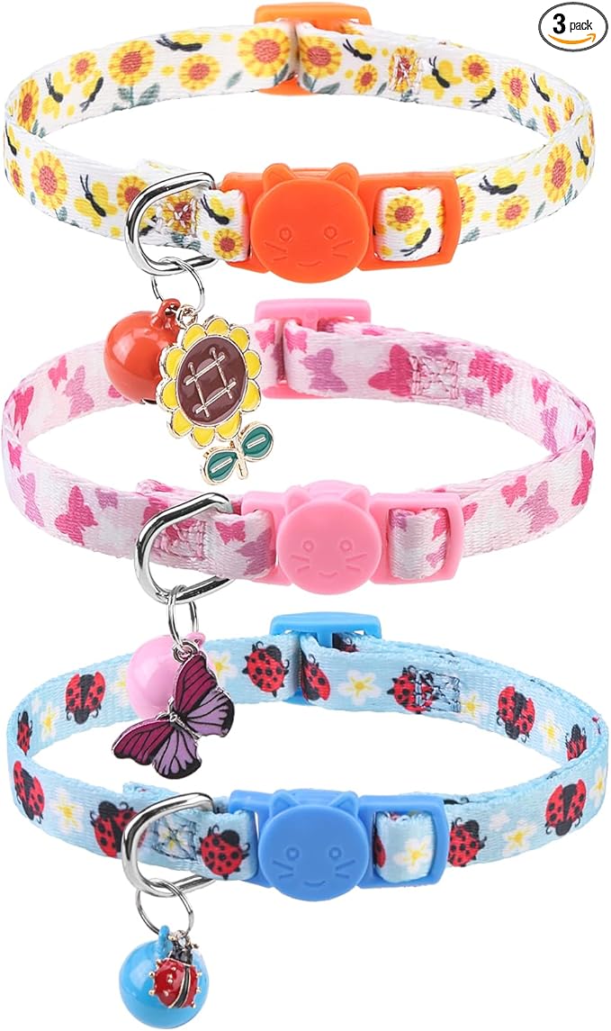 SCENEREAL Breakaway Cat Collar with Bells, 3 Pack Spring Pink Cats Collars with Safety Buckle, Soft Adjustable Cute Kitten Puppy Personalised Summer Collars for Dogs Girl Boy