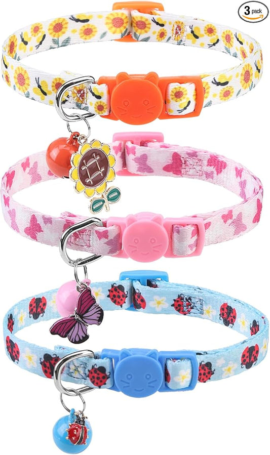 SCENEREAL Breakaway Cat Collar with Bells, 3 Pack Spring Pink Cats Collars with Safety Buckle, Soft Adjustable Cute Kitten Puppy Personalised Summer Collars for Dogs Girl Boy
