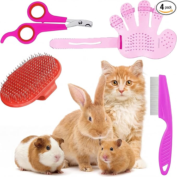 Patelai 4 Pieces Bunny Grooming Kit Rabbit Nail Clipper Rabbit Brush Hair Remover Shampoo Brush with Adjustable Ring Handle for Rabbits Guinea Pig Hamsters Puppy Kitten Hamster Ferret(Pink, Red)