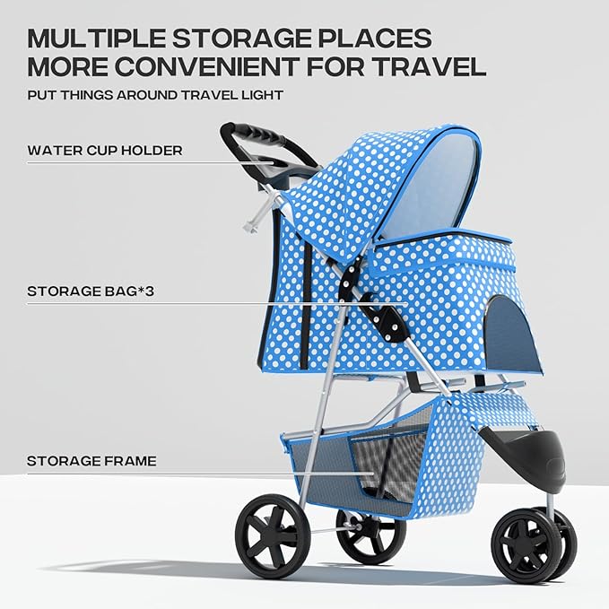 Pet Stroller for Small Dogs 10 lbs, Dog Stroller for Medium Dogs 30 lbs, Cat Strollers for 2 Cats, 3 Wheels Foldable Jogger Puppy Stroller with Storage Basket and Cup Holder, Blue Polka Dots