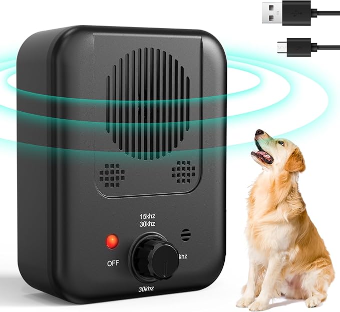 Queenmew Anti Barking Device for Dogs, 3 Modes Rechargeable Dog Bark Deterrent Devices, 30ft Effective Stop Bark Box with Adjustable Frequency & Range for Walking, Fit All Breeds&Size Dog