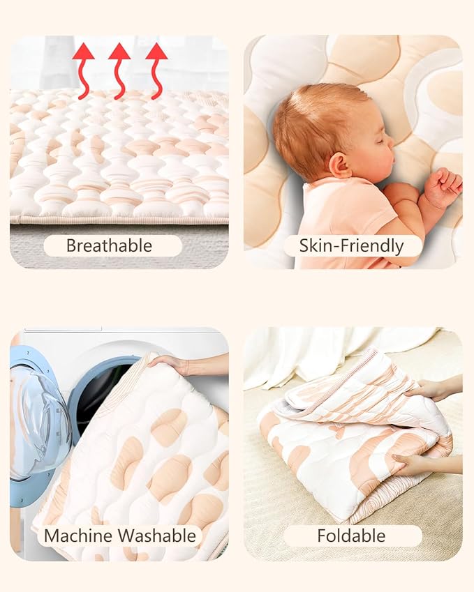 Baby Play Mat, 50x50 Mat with Super Soft Touch, Activity Mat with Upgraded Anti-Slip Bottom, Machine Washable Crawling Mat for Floor & Picnic(Beige Line)