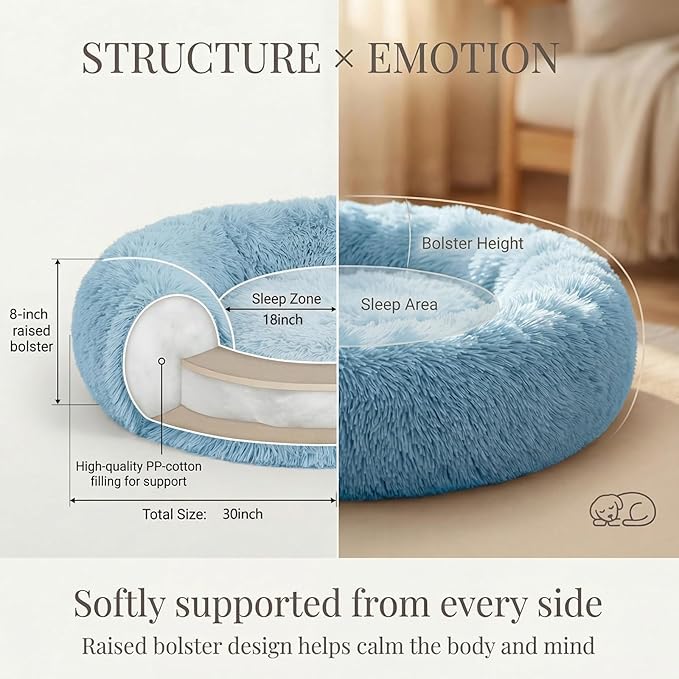 Calming Donut Dogs Beds for Small Dogs Washable,28inch Plush Round Pet Bed for Cozy Sleep,Fluffy Faux Fur Large Cat Bed,Fits up to 30 lbs Pets,Washed Blue