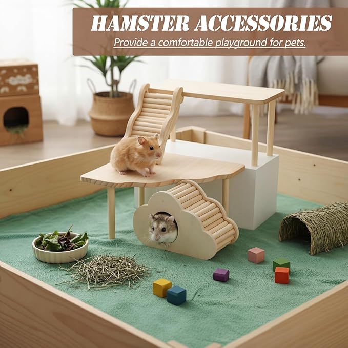 BreezeHug 4 Pcs Hamster Platform Hideout Wooden Tunnel Ladder Playhouse Hamster Game Climbing Toy with Platform Cage Accessories for Pets Dwarf Syrian Mice Degus Gerbils Squirrel(Cloud)