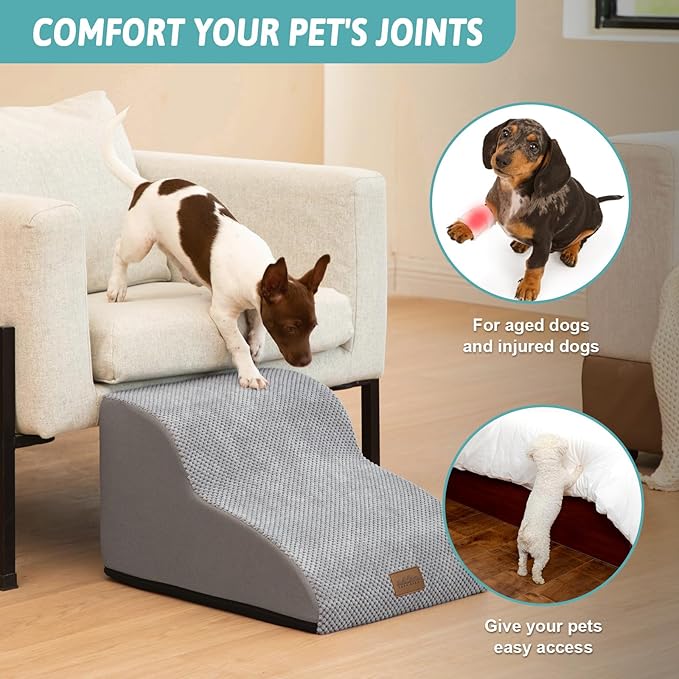 COZY KISS Dog Stairs for Small Dogs 11.8" H, Pet Step with Leakproof Cover, High Density Foam Cat Ramp for Chair or Sofa, Lightweight, Durable, Comfort, 15.7x19.7x11.8 inch, 2 Step, Grey