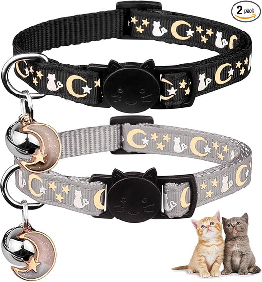 Baeuppit 2PCS Breakaway Cat Collars with Bell Cute Kitty Glow in The Dark Adjustable Kitten Collars(Grey&Black)