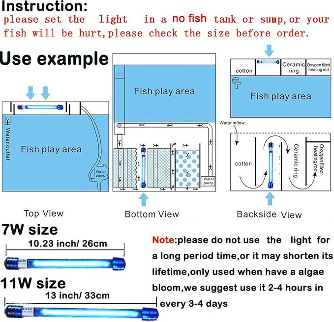 11W U-VC Aquarium Green Clean Light Aquarium Algae Clean Lamp Fish Tank Water Clean Light Green Clear Waterproof Water Clean Lamp for Pond Fish Tank Sump Swim Pool (11W-13inch Length)