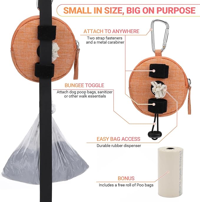 Dog Poop Bag Holder for Leashes- Dog Treat Pouch with Waterproof Zipper,Puppy Training Small Bag with Carabiner & Bungee Toggle,Two Pockets for Dry or Wet Treats-Pet Travel Walking Essentials (Orange)