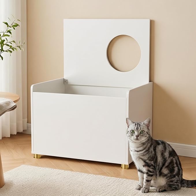 Amunrbrek Top Entry Litter Box Enclosure, Flip Top Cat Litter Box Furniture with Scratch Mat, Stylish Hidden Cat Washroom for Large Cats (White)