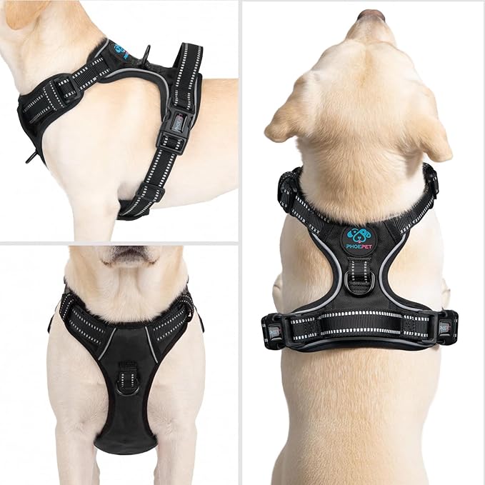 PHOEPET No Pull Dog Harnesses for Small Puppies Reflective Adjustable Front Clip Vest with 2 Metal Leash Attachment Hooks Soft Handle (S, Black)