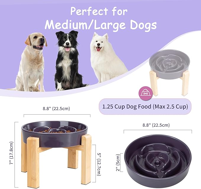 Elevated Slow Feeder Dog Bowl Large Breed, 8.8 Inch Ceramic Slow Eating Bowl with Bamboo Stand, Anti-Choking Raised Maze Design for Medium to Large Dogs, 3.2 Cup, Purple