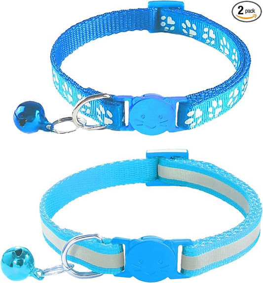 2 Pack Breakaway Cat Collars with Bells, Reflective Design and Claw Print Design, Safety Buckle, Adjustable 7.5-12.5 Inches for Kittens & Cats (Sky Blue)