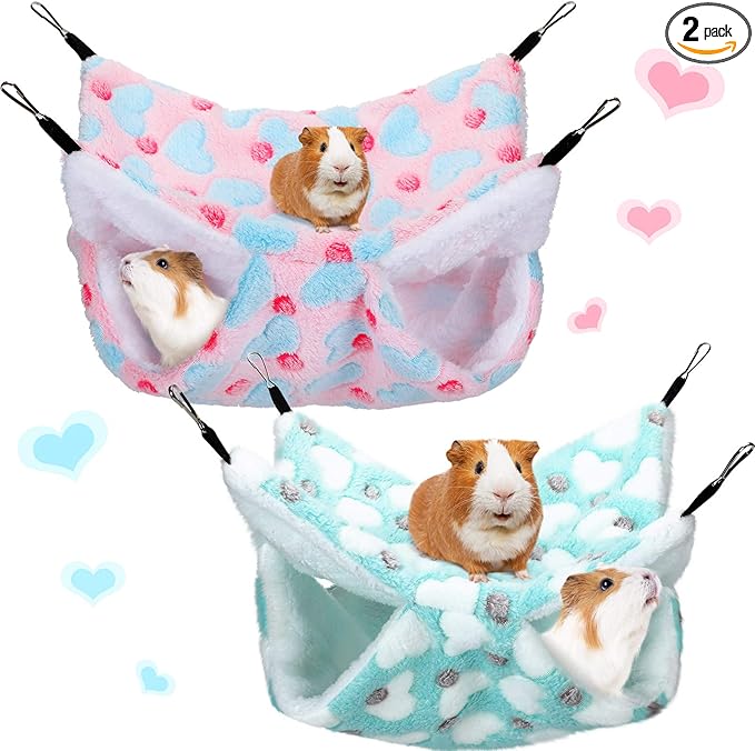 Boao 2 Pcs Guinea Pig Rat Hammock Guinea Pig Hamster Ferret Hanging Hammock Accessories for Small Animals Chinchilla Parrot Sugar Glider Ferret Squirrel (Mint Green, Pink, Heart Pattern)