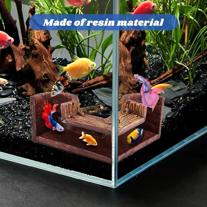 Aquarium Underground Corner Cave, Natural-Looking Wood-Like Viewing Fish & Shrimp Under Gravel Tunnel Fish Tank Decor Decoration Hideout for Corydora Catfish, Kuhli Loach, Pleco