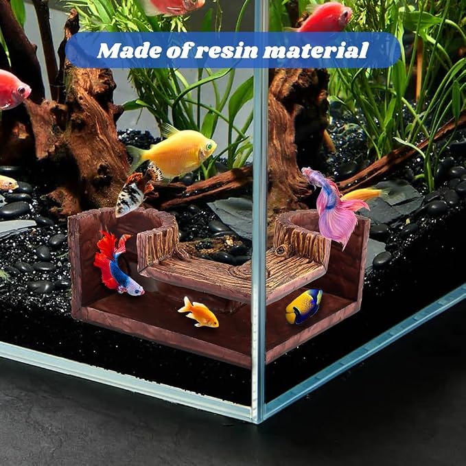 Aquarium Cave, 5.1” x 2” x 2.6” Wood-Like Fish Tank Cave for Corners, Fish Tank Accessories Tunnel Cave & Hideout for Aquarium Guppy, Corydoras Catfish, Bettas Hide(Color:Brown)