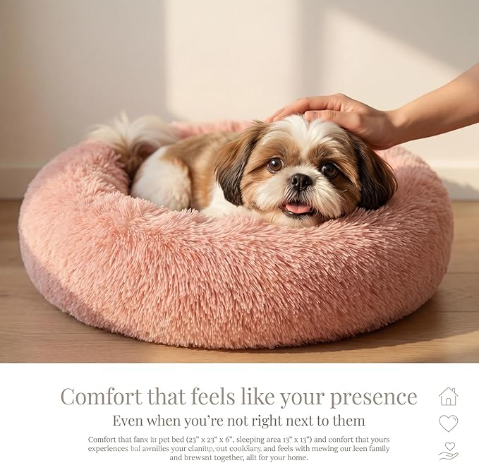 Calming Donut Dogs Beds for Small Dogs Washable,23inch Plush Round Pet Bed for Cozy Sleep,Fluffy Faux Fur Large Cat Bed,Fits up to 25 lbs Pets,Pink