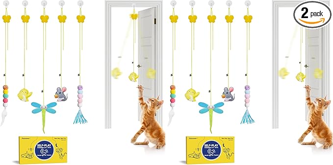 Potaroma Interactive Cat Feather Toys 5 Pcs, Cat Teaser Retractable Hanging Indoor Kitten Play Chase Exercise, Mental Physical Stimulation for All Breeds and Species (Pack of 2)